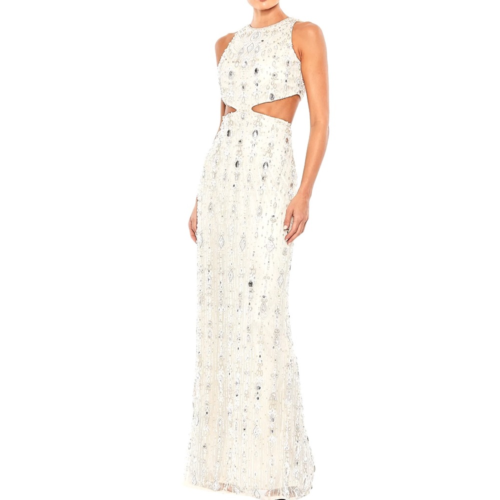 MAC DUGGAL Pearl Jewel Embellished HighNeck Cut-Out Gown Nude Silver Size 12 NWT